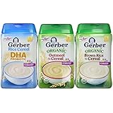 Gerber Baby Cereal - Organic & Probiotic Variety Pack: Organic Oatmeal Cereal, Organic Brown Rice Cereal, DHA Probiotic Rice Cereal, 3 Healthy Flavors Bundle