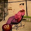 Original Chinese Watercolor Hand Painted painting - Lady in chair with cat, bird and tea