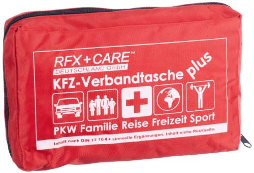 RFX + Care FA200-5320716 KFZ-Verbandtasche rot, Inhalt nach DIN 13164 § 35h STVZO + Beatmungsmaske + Pflaster + EXTRAS