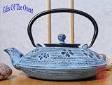Tetsubin style Cast Iron Teapot Kettle with light blue Spring Flower design 0.8 Litre