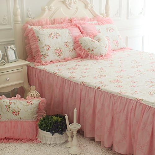 FADFAY Pink Rose Print Bedding Set Floral Bedding Set Romantic Korean Bedding Set Girls Princess Lace Ruffle Duvet Cover Bedding Set