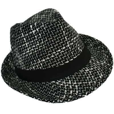 Black & White Raised Tweed Fedora Hat W/Black Hat Band