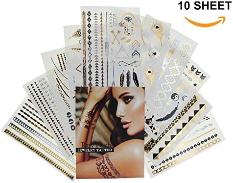 NEW RuvTech, Jewelry Metallic Tattoo, Flash Temporary Metallic Tattoos - Gold &amp; Silver Jewelry Designs, Jewelry Tattoo, Body Tattoo, Temporary Tattoos, - 10 Sheets Gift Pack