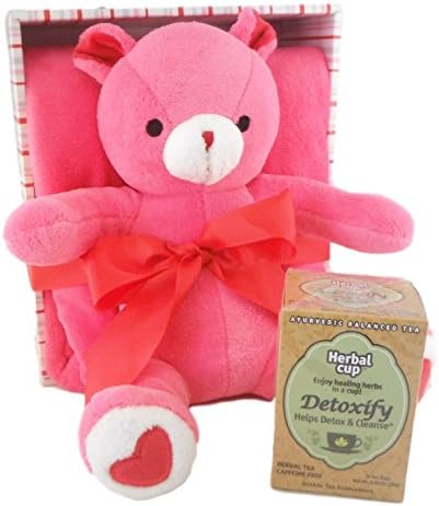 Take Care Sick Day Teddy Bear Blanket Bundle - Two items: Pink Bear and Plush Blanket with Herbal Ayurvedic Tea (Detoxify)