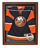 New York Islanders Hockey Jersey Display Case, Cabinet Style with Classic Wood Finish Frame