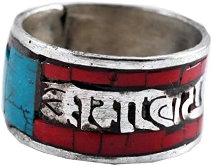 White Metal Imitation Turquoise and Coral Inlaid Om Mani Padme Hum Ring (8.5)