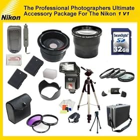 The Professional Photographers Ultimate Accessory Package For The Nikon 1 V1 Digital Cameras. includes: 32GB Hi Speed Error Free Memory Card, Hi Speed Card Reader, 52mm Macro Lens Kit, 2 Replacement Batteries, Hard Flower lens Hood, 0.5x Professional Wide Angle Lens , 3.6X Telephoto Lens, 72 Inch tr