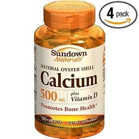 Sundown Natural Oyster Shell Calcium Plus Vitamin D, 500 mg, Tablets, 120 tablets (Pack of 4)