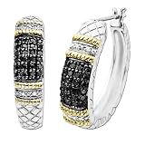 Sterling Silver and 14k Gold Textured Black and White Diamond Hoops