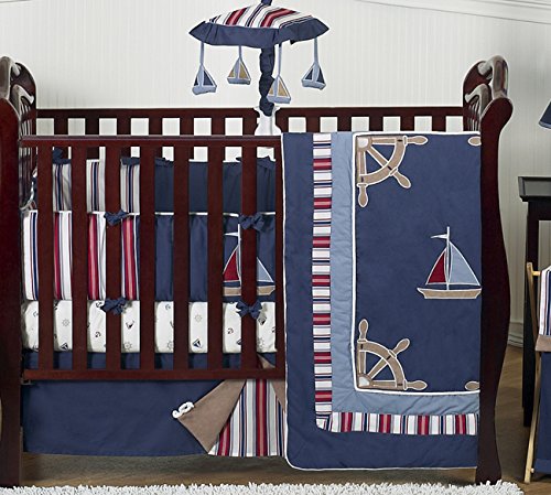 Sweet Jojo Designs Nautical Nights Blue and White Sailboat Baby Boy Bedding 9pc Crib Set
