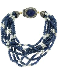 18kt Gold Diamond Pave Blue Sapphire & Pearl Beads Strand Bracelet Silver Gemstone Jewelry