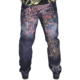 CHRISTIAN AUDIGIER Ed Hardy Mens Jeans Denim Pants Wing Skull Tattoo Straight Leg Logo 32