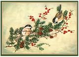 Caspari Box of 20 4-1/8 by 5-3/4 Holiday Notecards, Tasha Tudor Two Chickadees