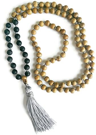 Classic 108 Knotted Meditation Mala | 8mm Mahogany Wood &amp; Tibetan Medicine Dzi Beads with Grey Nylon String Necklace