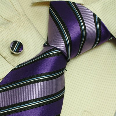 Purple Striped Tie for Men Indigo Stripes Gift Idea for Man Handmade Silk Neckties Cuff Links Set 6564