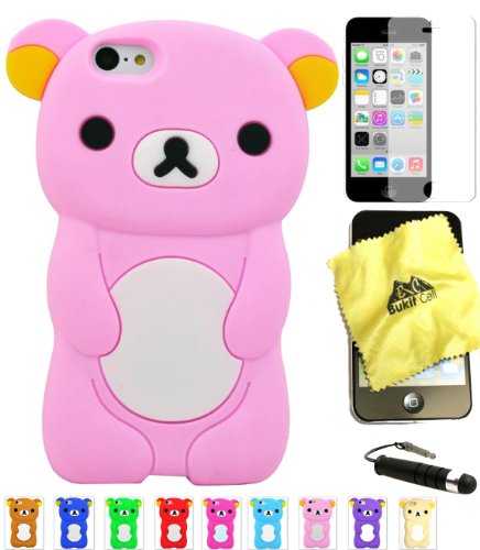 Bukit Cell ® Bundle - 4 Items: Bukit Cell ® BABY PINK 3D Teddy Bear Soft Silicone Case for iPhone 5C, Bukit Cell ® Cleaning Cloth, Screen Protector and Metallic Stylus Touch Pen with Anti Dust Plug