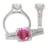 18k lab-grown 6.5mm round pink sapphire color #100 engagement ring with v-shaped halo 18k lab-grown 6.5mm round pink sapphire color #100 engagement ring with v-shaped halo