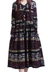 Plus Size Striped Print Cotton/Linen Long Sleeves  Dress