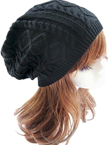 GlobalHouse Unisex Knitted Crochet Wrinkled Warm Beanie Beret hat (black)