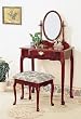 Queen Anne Style Cherry Finish Wood Vanity Table Stool/Bench & Mirror Set