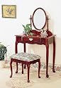 Queen Anne Style Cherry Finish Wood Vanity Table Stool/Bench & Mirror Set