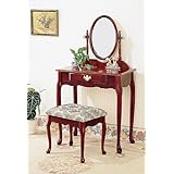 Queen Anne Style Cherry Finish Wood Vanity Table Stool/Bench & Mirror Set