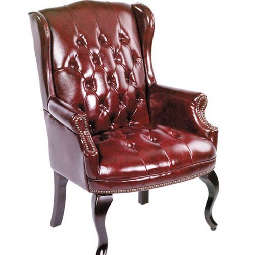Traditional Style Wing Back Guest Chair Oxblood Vinyl/Mahogany Frame On Sale