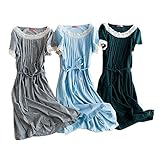 レディース 春夏物 ワンピース 3色展開 半袖 襟レース リボン型ベルト ひざ丈 オリジナルアクセサリー付属 NRU0017 (L, ライトグレー)