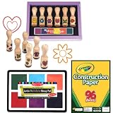 Melissa & Doug Deluxe Wooden Happy Handle Stamp Set and Jumbo Multi-Color Stamp Pad with Crayola Construction Paper (96 Count)