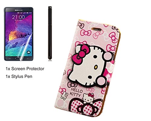 Case Cover for Samsung Galaxy Note 4 Cute Hello Kitty Themed Quality PU Leather Wallet Design Stand Cover Soft TPU Inside Skin Flip Cover Skin with Card Slots (pink)