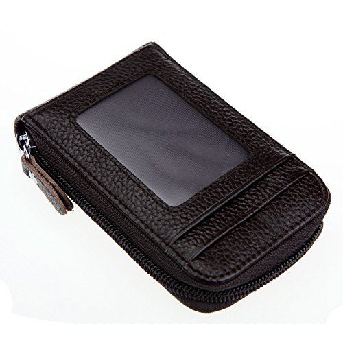 DEEZOMO RFID Blocking Genuine Leather Mini Credit Card Case Organizer Compact Wallet with ID Window - Coffee