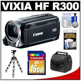 Canon Vixia HF R300 Flash Memory 1080p HD Digital Video Camcorder with 16GB Card + Flex Tripod + Case + Accessory Kit