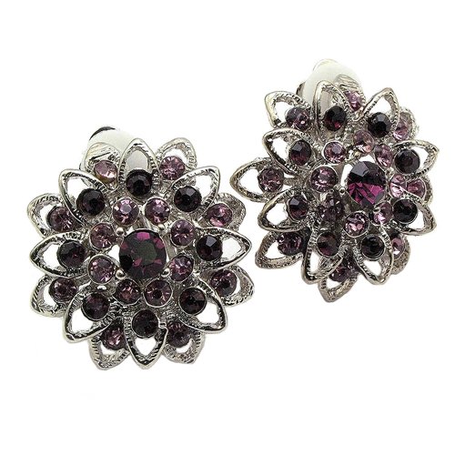 Sparkling Purple Crystal Flower Silver Clip On Earrings Fashion Jewelry