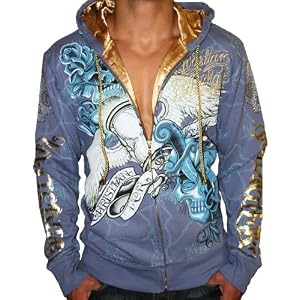 CHRISTIAN AUDIGIER Ed Hardy SMET Mens Platinum Tattoo Skull Hoodie Hooded Sweatshirt Shirt Tee Blue