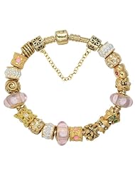 Pandora Style Pink Glass Beads Gold Plated Charm Love Charm Beaded Complete Bracelet Jewelry Compatible with Pandora
