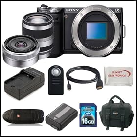 Sony Alpha Nex-5N Kit with 16mm & 50mm Lenses. Package Includes: Sony Nex5N Digital Camera, Sony E-Mount SEL16F28 16mm f/2.8 Wide-Angle Alpha E-Mount Lens, Sony 50mm f/1.8 Telephoto Lens, Extended Life Battery, Rapid Travel Charger, 16GB Memory Card, Memory Card Reader, HDMI Cable, Remote Control, S
