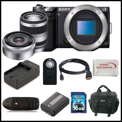 Sony Alpha Nex-5N Kit with 16mm & 50mm Lenses. Package Includes: Sony Nex5N Digital Camera, Sony E-Mount SEL16F28 16mm f/2.8 Wide-Angle Alpha E-Mount Lens, Sony 50mm f/1.8 Telephoto Lens, Extended Life Battery, Rapid Travel Charger, 16GB Memory Card, Memory Card Reader, HDMI Cable, Remote Control, SSE Microfiber Cleaning Cloth and Soft Carrying Case