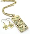 Gold Green Crystal Studded Rectangle Flower Pendant Necklace and Earrings Set Fashion Jewelry