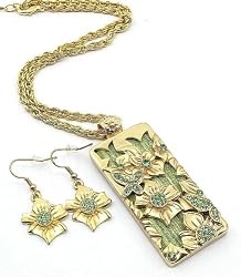 Gold Green Crystal Studded Rectangle Flower Pendant Necklace and Earrings Set Fashion Jewelry