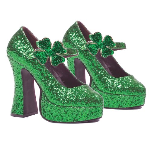 Women's 5 Inch Chunky Heel Green Glitter Mary Jane