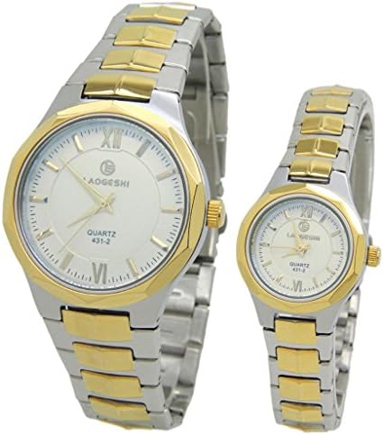 Laogeshi Couple Blue Glass Golden Stainless Steel Quartz Watches for Lovers Pair in Package