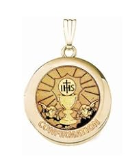 Solid 14k Yellow Gold Round "Confirmation" Chalice Locket - 3/4 Inch x 3/4 Inch and 1 Inch x 1 Inch