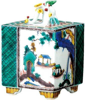 KUTANI YAKI(ware) Incense lamp FUNA SANSUI NO ZU(Ship and hills and rivers) (Made in JAPAN) with zenjapanstyle original teaspoon
