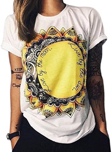 chuuhh Women's Sunflower Print Loose Fit Cotton T Shirts Tees,White,XL
