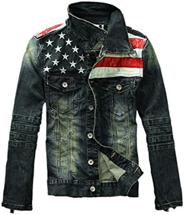 Free2mys American Flag Fitted Jeans Jacket for Men (Label size 3X-Large(US Meidum+))