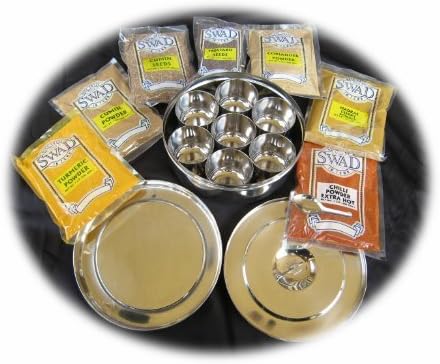 Stainless Steel Masala Dabba with (7) Authentic Indian Spices (Traditional Indian Spice Box) by Namaste Delish