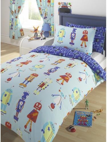 KIDS BOYS REVERSIBLE DOUBLE DUVET QUILT COVER CHILDRENS BEDDING SET ROBOTS BLUE