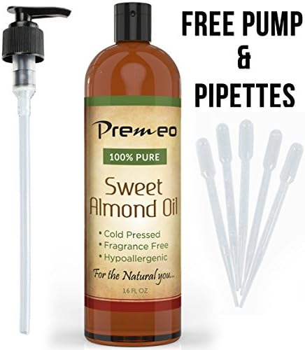 Premeo Sweet Almond Oil 16 OZ Carrier Oil Cold Pressed Free Pump & Pipettes!