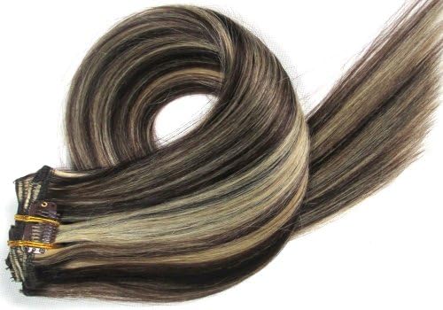 22'' 7pcs Remy Clips in Human Hair Extensions 80g for Women's Beauty Hairsalon in Fashion Color - #2/613 Brown/Blonde