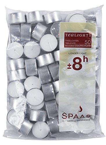 Spaas Tea Light Candles - White with Aluminium Cup, Unscented, Burn 7-8 Hours, Set of 50, Produced By Top 3 European Manufacturer, Perfect for Candle Holders, Tea Warmers, Tart and Food Warmers, Votives, Fits Paper Lantern, Hangers, Burner and Jars